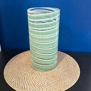 Gorgeous Hand Blown Green & White Swirl Artisan Glass Vase 12”